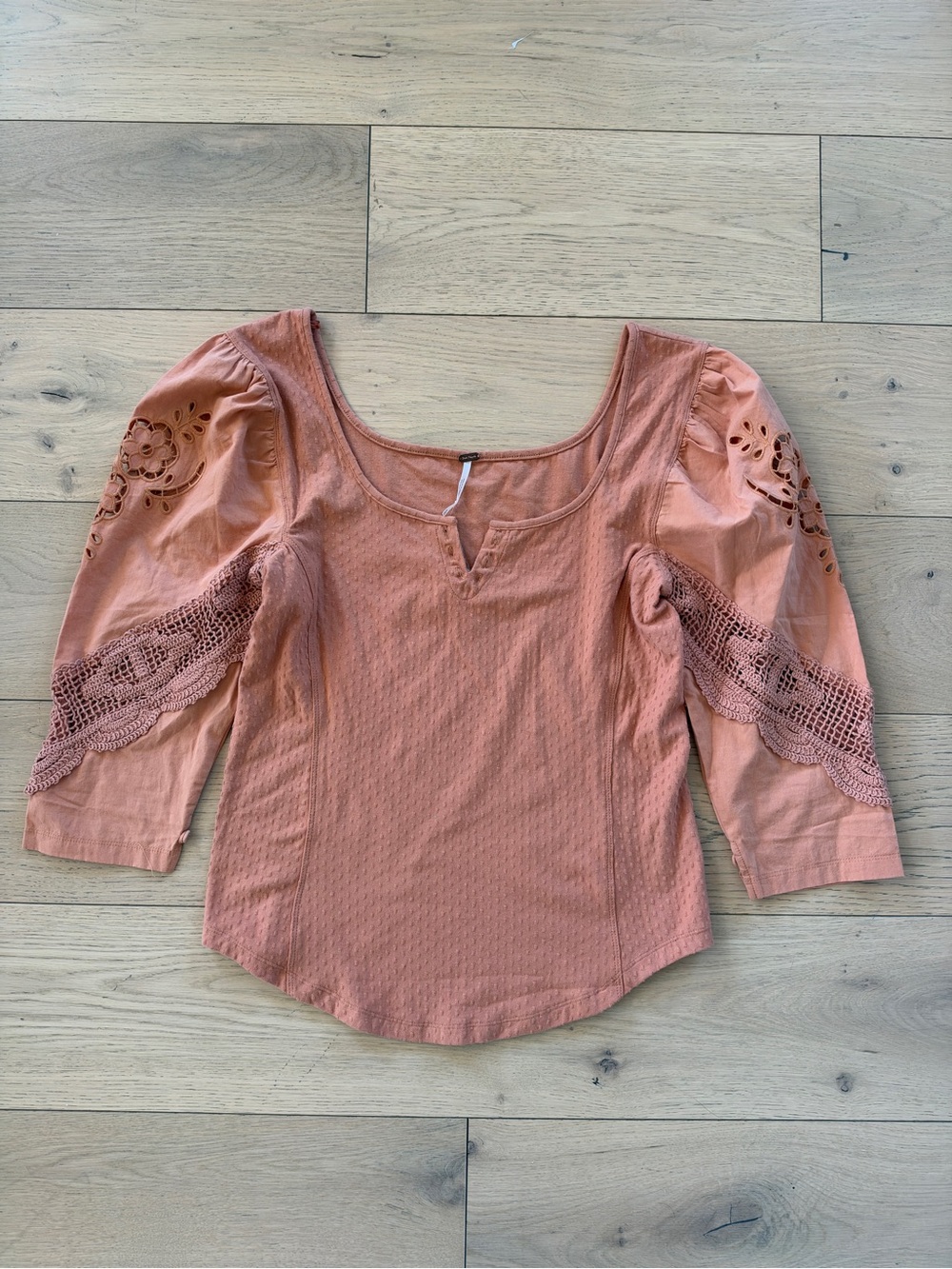 Free People Dusty Peach Crochet Sleeve Scoop Top